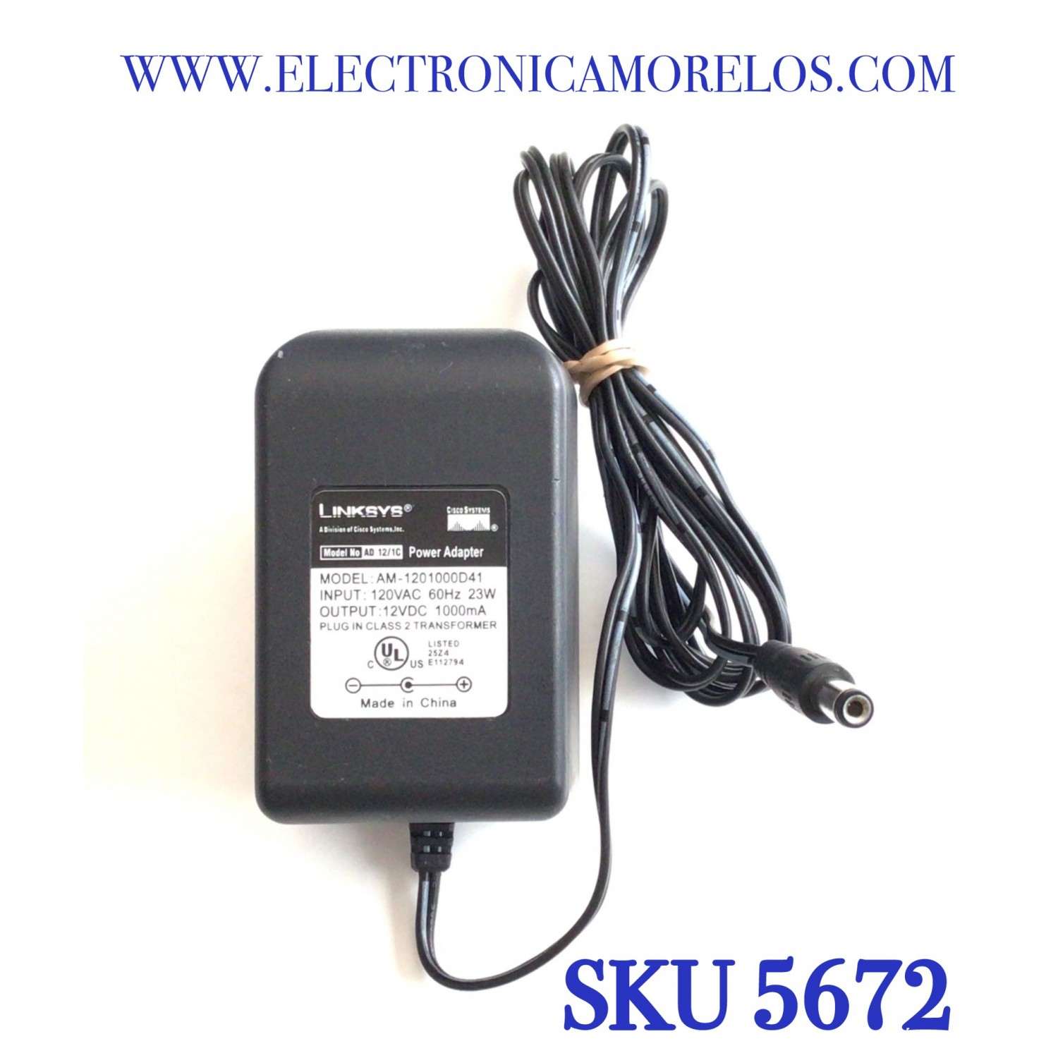 CARGADOR / ADAPTADOR DE FUENTE DE ALIMENTACION LINKSYS VCA-VCD / NUMERO DE PARTE AM-1201000D41 / E112794 / ENTRADA VCA 120VAC 60HZ 23W / SALIDA VCD 12V 1000MA / MODELO AM-1201000D41